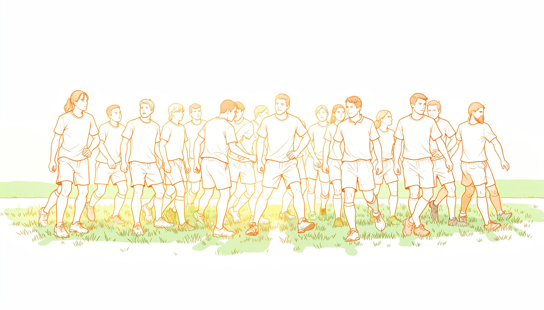 A line of junior athletes stretching on a grassy field, backlit by late-afternoon sun, in soft greens and warm amber