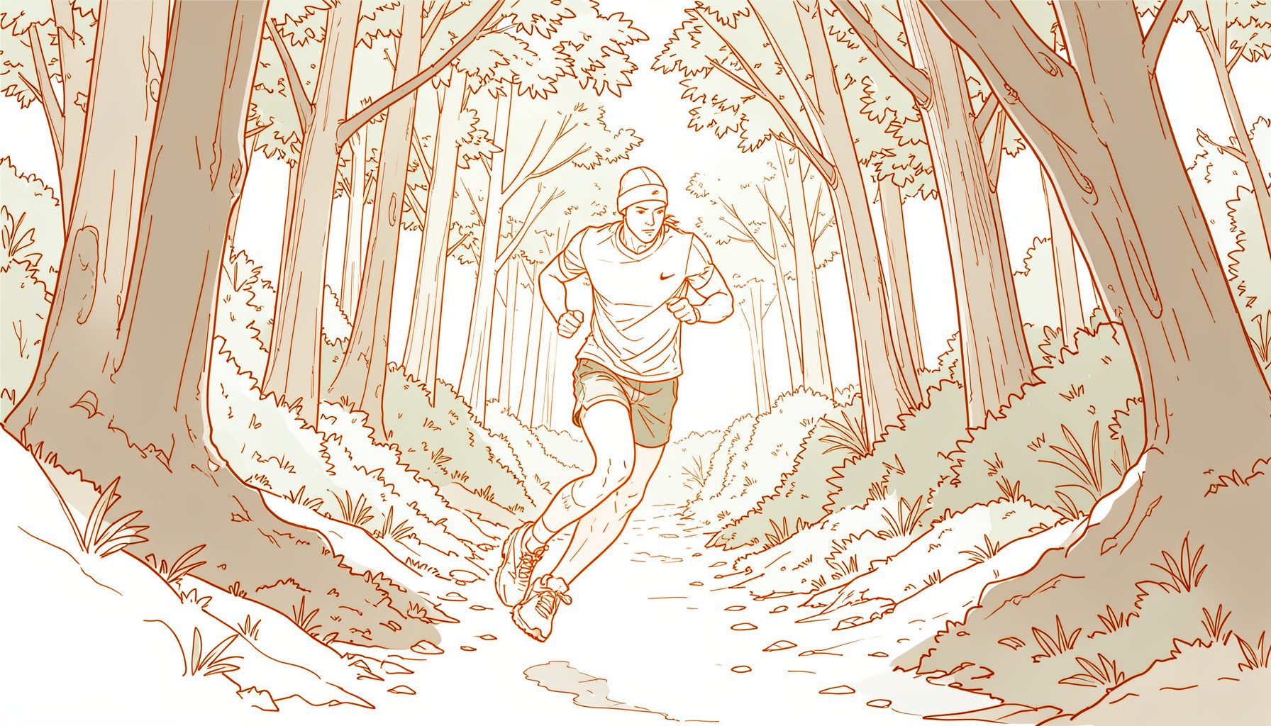 A cross-country runner on a wooded trail with dappled light filtering through trees, in earthy browns and muted greens