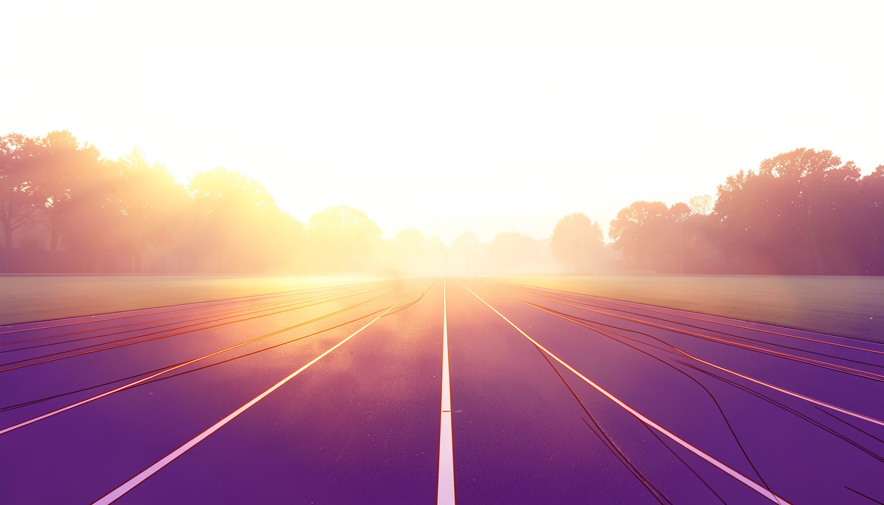 An empty running track at dawn with soft golden light spreading across the lanes