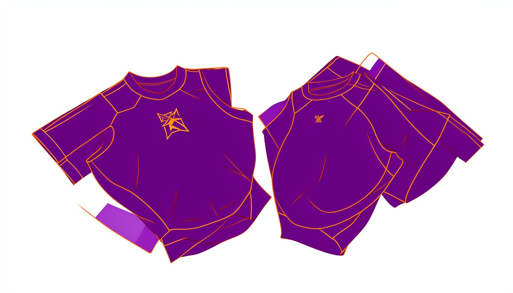 Club singlets and jackets laid out on a table, in deep purple with gold accents, against a clean white background